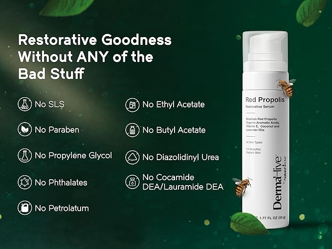 DermaHive - Red Propolis Restorative Serum with Vitamin E, Antioxidants & Lavender Oil, Anti Aging Face Serum for Women & Men, Antioxidant, Skin Repair, Glowing Skin, Scar Removal, Airless Pump - 50g