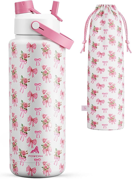 POWCAN 40 oz Insulated Water Bottle with 2-in-1 Straw and Spout Lid, Keep Cold 24H, Leak-Proof, BPA-Free, Double Wall Stainless Steel Water Bottle for Sports, Gym, Travel, Gift, Holiday (Rosy Bouquet)