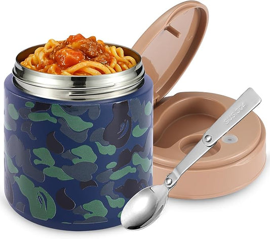 Insulated Food Jar for Kids - 15.2 Oz, Thermo for Hot Food, Soup Thermo, Insulated Food Container, Termos Para Comida Caliente, Width Mouth Stainless Steel Lunch Box with Spoon, Camouflage Blue