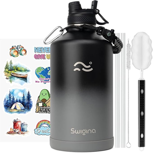 Swigina [2-IN-1 LID] Gallon Insulated Water Bottle with Silicone Boot (48hrs Cold/24hrs Hot) - DIY Stickers, Leakproof, BPA Free, 128 oz