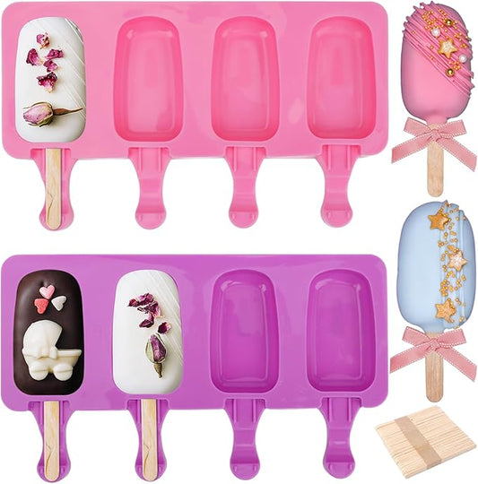SAYAYA 2 Set Silicone Popsicle Molds with 100 Sticks, Reusable 4 Cavities Homemade Cake Pop & Cakesicle Mold for DIY Ice Cream, Ice Pop, Easy Release & Dishwasher Safe for Kids Family (Pink & Purple)