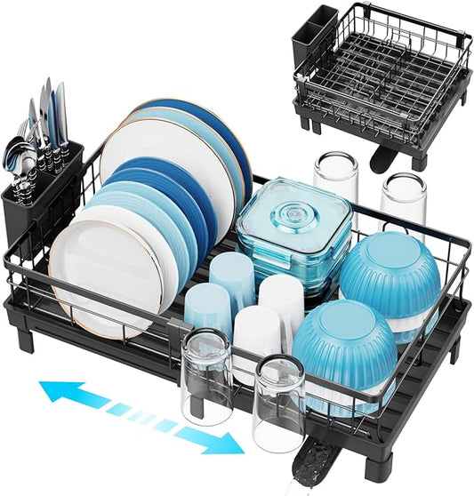 GSlife Expandable Dish Drying Rack for Kitchen Counter, Compact Space-Saving Dish Rack with Drainboard, Rustproof Dish Drainer for Small Kitchen, Apartment, RV, 12.2" W x 12"-20.5" L, Black