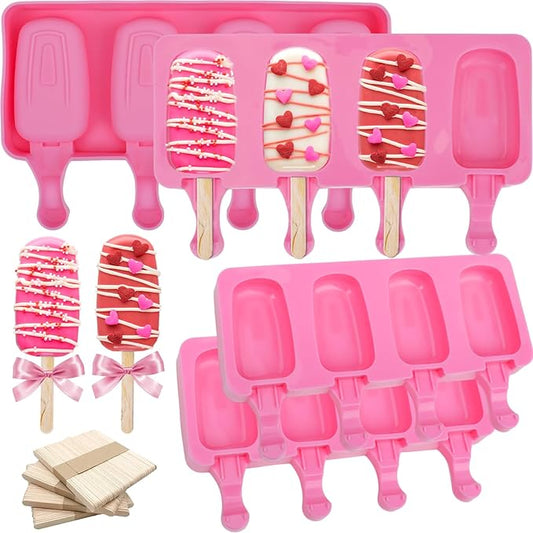 SAYAYA 4 Set Silicone Popsicle Molds with 200 Sticks, Reusable 4 Cavities Homemade Cake Pop & Cakesicle Mold for DIY Ice Cream, Ice Pop, Easy Release & Dishwasher Safe for Kids Family (Pink)