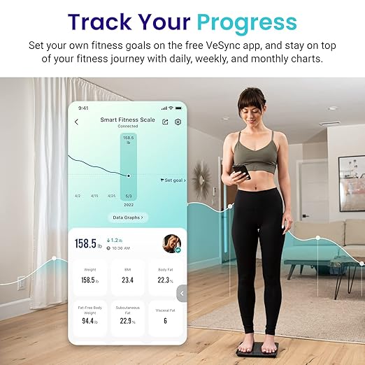 Etekcity Scale for Body Weight and Fat Percentage, Smart Digital LED Bathroom BMI Measurement, Accurate Bluetooth Weighing Machine, Body Composition Analyzer, Ash-black, 400lb