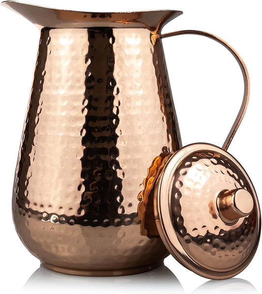 Kosdeg - Copper Pitcher With Lid - 68 Oz - Drink More Water, Lower Your Sugar Intake And Enjoy The Health Benefits - Pure Copper Handmade Hammered Jug, The Best Bedside Carafe - Heavy Gauge