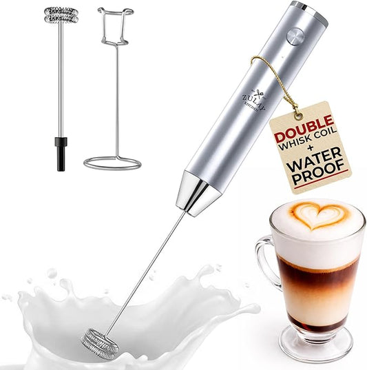 Zulay Kitchen Rechargeable Milk Frother Handheld Lux - Powerful 2-Speed Motor, Waterproof, 2000mAh Battery - Drink Mixer for Latte, Cappuccino, Matcha & Protein Powder - Pure Silver