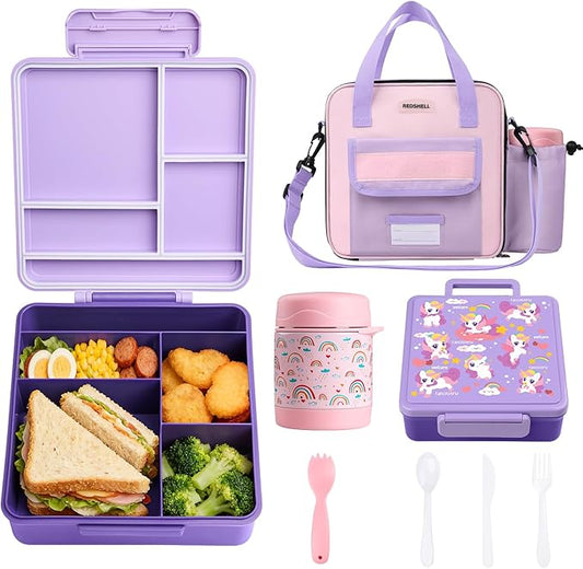 REDSHELL Bento Lunch Box for Kids Set, Leakproof Food Jar Pail with Insulated Bag, Toddler Snack Container Lunchbag for Girls Daycare, Back to School Lunchbox Kit, Includes Bottle Holder Strap, Purple