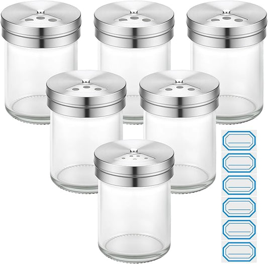 Segarty 6 Pack 1.7oz Salt Shakers Adjustable Metal Lids, 50ml Portable Glass Seasoning Container for Sugar Sesame Pepper, Kitchen Organizer Spice Bottles with 6 Stickers Storage Set for Cabinet Picnic