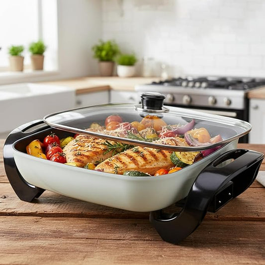 12" Ceramic Nonstick Electric Skillet with Tempered Vented Glass Lid, Scratch-Resistant Surface, Cool-Touch Handles, Removable Easy-to-Clean Design, 1200W, Vibrant Green
