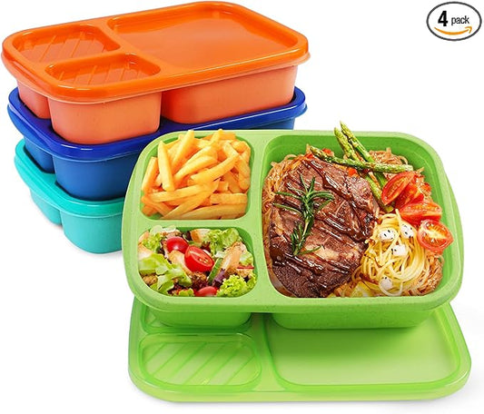buluker 4 Pack Bento Lunch Box Set 3 Compartment Wheat Straw Meal Prep Food Storage Containers Plastic, Microwave and Dishwasher Safe（Jewel Brights）