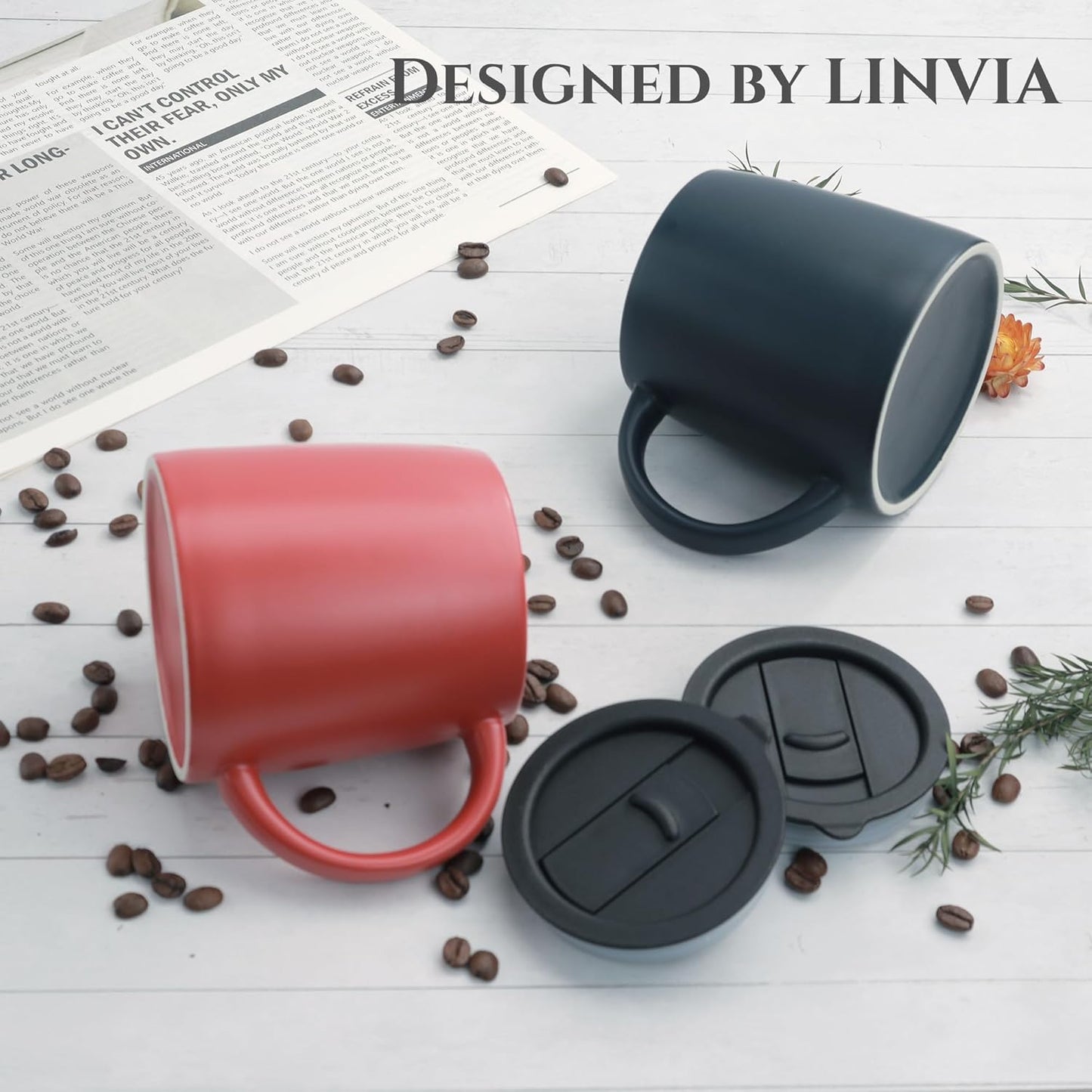 Classic Mug, 14 oz Large Coffee Mug with Handle, Ceramic Porcelain Tea Cup, Smooth Matte (Sliding Lid, Set of 2, Red and Navy Blue)