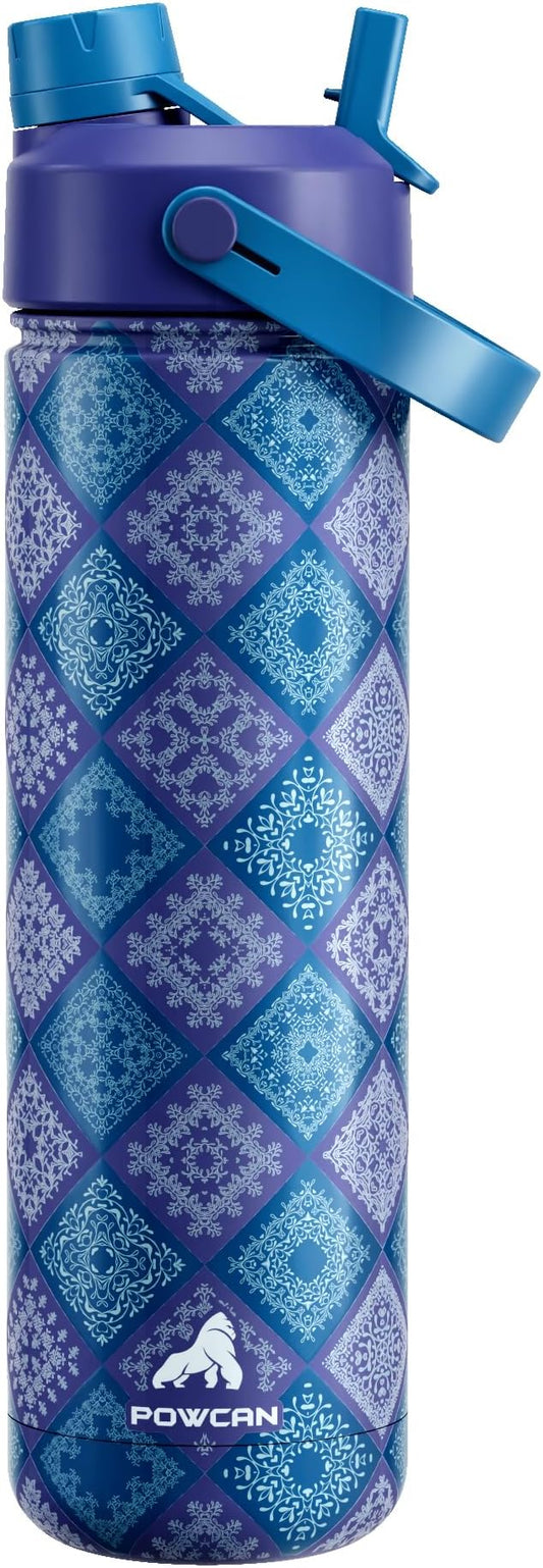 POWCAN 26 oz Insulated Water Bottle with 2-in-1 Straw and Spout Lid, Keep Cold 24H, Leak-Proof, Fits in Car Cup Holder, Stainless Steel Water Bottle for Gift, Gym, Travel and Home (Indigo Porcelain)