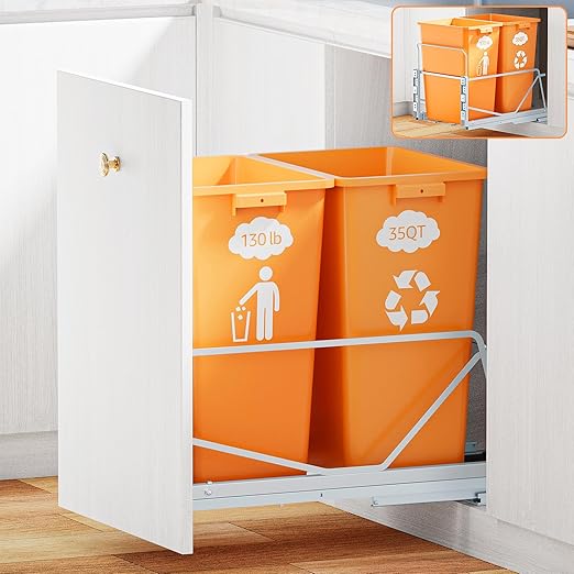 35 Qt Double Pullout Trash Can with Soft-Close Slides, Twin Mode Under Sink Garbage Bin Kit with Door Mounting for Kitchen Cabinets, Trash Can Not Included, Requires 16" W X 23" D Cabinets