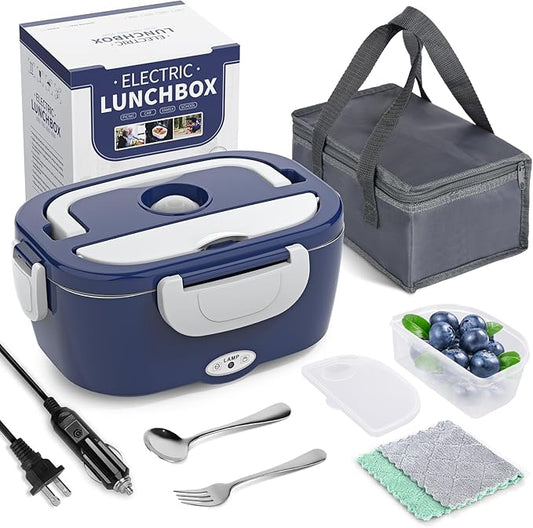 Electric Lunch Box Food Heater, 3 in 1 Ultra Quick Heated Lunch Boxes for Adults, 12V/24V/110V Portable Food Warmer for Car/Truck/Office With Fork Spoon and Insulated Carry Bag, Gifts for Men