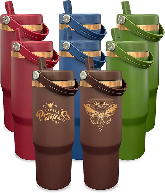 30 oz Tumbler Bulk with Handle and Straw, Vacuum Insulated Tumblers with Flip Straw and Top Handle, Leakproof Powder Coated Tumbler, Stainless Steel Travel Mug for Coffee Water (Mixed, 8 Pack)