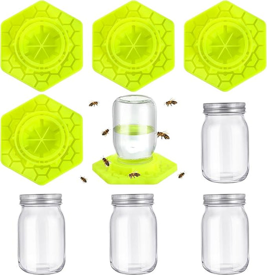 4 Pack Bee Feeder for Mason Jar Bee Watering Station Garden Silicone Sugar Water Feeder Beekeeping Drinking Equipment Tools with Mason Jars for Drinking Water(Yellow,Hexagon)