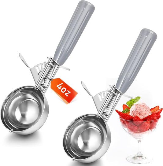 Reallnaive 2 Pcs Release Cookie Scoops Ice Cream Scooper with Trigger Release Portion Scoop Stainless Steel for Portion Control, Baking Food, Cookie Dough (4 oz,Gray)