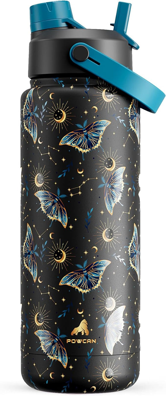 POWCAN 32 oz Insulated Water Bottle with 2-in-1 Straw and Spout Lid, Keep Cold 24H, Leak-Proof, BPA-Free, Double Wall Stainless Steel Water Bottle for Sports, Gym, Travel and School (Gilded Flutter)