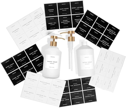 homelistic Matte White Glass Soap Dispenser Set with Champagne Gold Pump – 16oz Refillable Kitchen & Bathroom Soap Dispensers (2 Pack) Rust-Resistant Stainless Steel Pumps, 48 Labels