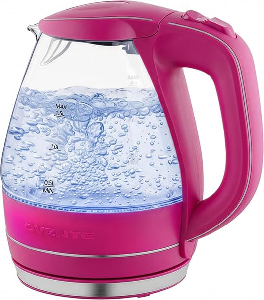 OVENTE Electric Kettle, 1.5L Borosilicate Glass Countertop Water Heater and Boiler for Coffee or Tea, BPA-Free, Auto Shut-Off, Boil-Dry Protection, Removable and Washable Spout Filter, Pink KG83F