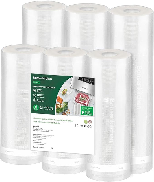 Bonsenkitchen Vacuum Sealer Rolls Bags, 6 Pack 3 Rolls 11" x 20' + 3 Rolls 8" x 20' Commercial Grade BPA Free Bag Rolls, Durable Customized Size Food Vac Bags for Storage and Sous Vide Cooking VB3211