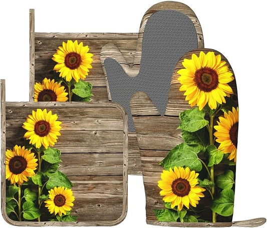 Sunflower Wooden Retro Oven Mitts and Pot Holders Sets of 4, Heat Resistant Silicone Oven Mittens and Potholders Gloves Hot Pads for Kitchen Cooking Baking Grilling BBQ Chef