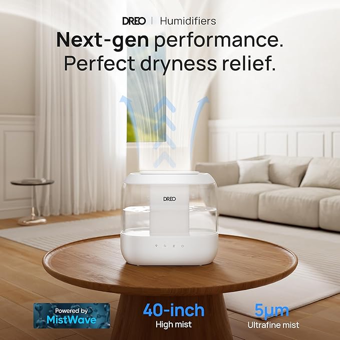 Dreo Humidifiers for Bedroom, Top Fill 4L Supersized Cool Mist Humidifier, 32H Runtime, 28 dB Quiet Ultrasonic Air Humidifier for Large Room, Plants, Baby Nursery, Indoor, Night Light, Easy to Clean