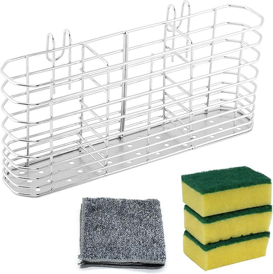 3-Compartment 304 Stainless Steel Utensil Holder | Hook Design Silverware Drying Rack | Drainage Basket for Kitchen Tableware Storage with Three Dishwashing Sponges and a Dishcloth