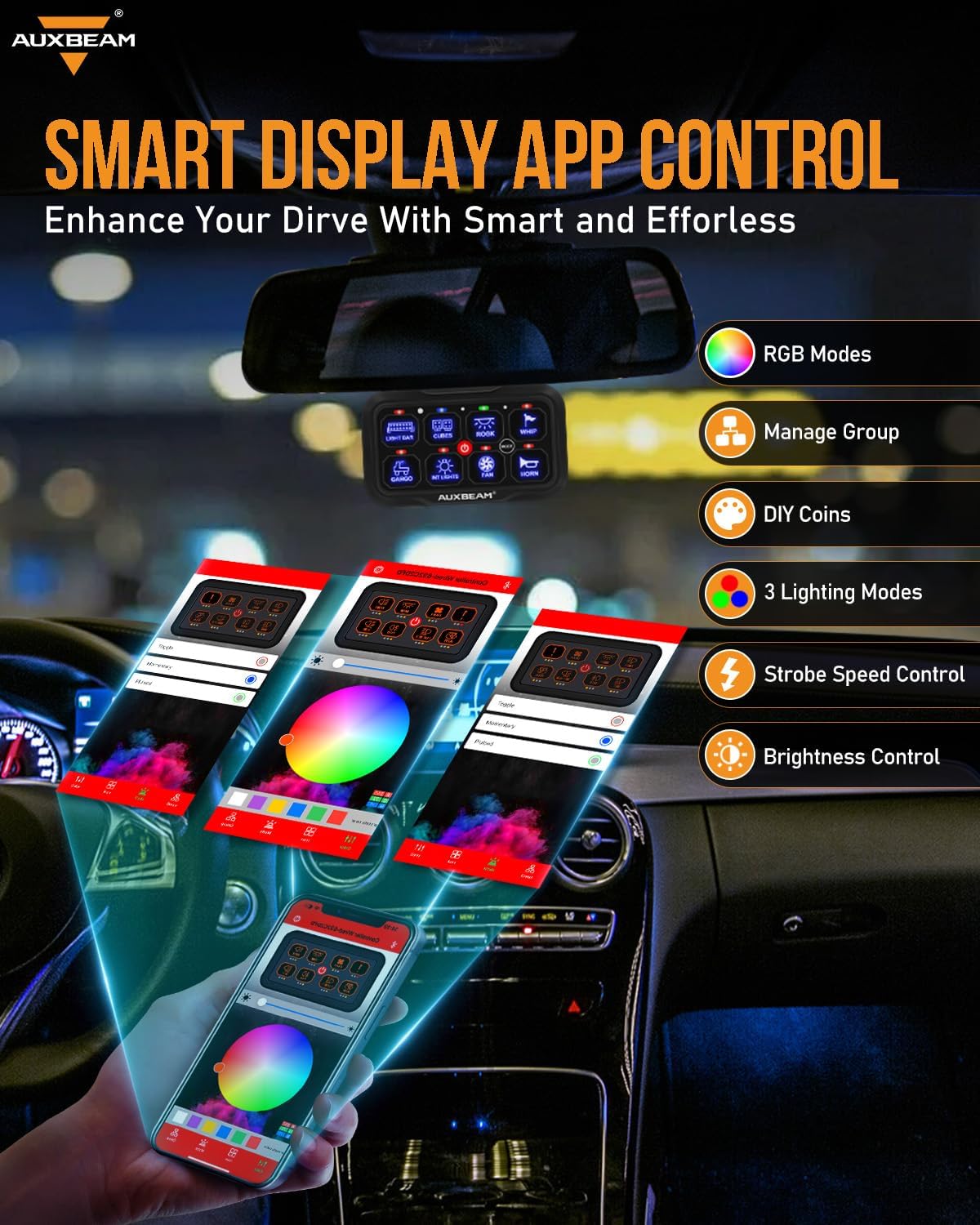 Auxbeam 8 Gang Switch Panel Bluetooth AR-800 RGB Switch Pod with Backlit Off Toggle Momentary Pulsed Auxiliary Switch Panel for Truck SUV ATV Marine RV Multifunction 12-24V Waterproof 2 Years Warranty