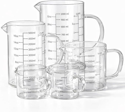 77L 5 Pack Glass Measuring Cup Set, [Insulated handle, V-Shaped Spout], High Borosilicate Liquid Glass Measure Cup for Kitchen, Easy To Read, Dishwasher, Freezer, and Microwave Safe