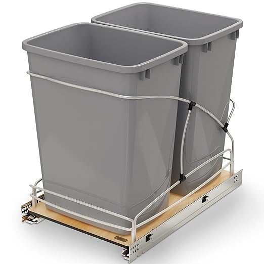 Rev-A-Shelf Steel Bottom Mount Double 35 Quart 8.75 Gallon Waste Bin Trash Container for Under Kitchen Cabinet with Soft Close, Gray, 54WC-1835SC-17-1