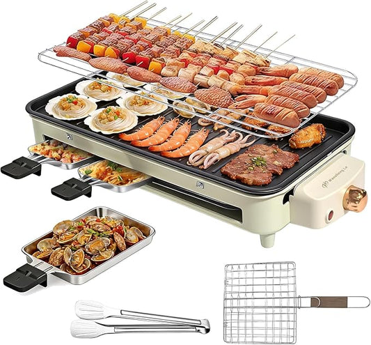 1500W Electric Indoor Grill, 3 in 1 Smokeless Korean Barbecue Grill with Net & Non-Stick Removable Plate and Velcro, Temperature Control & Dishwasher Safe, Smokeless Korean BBQ for Kitchen Party
