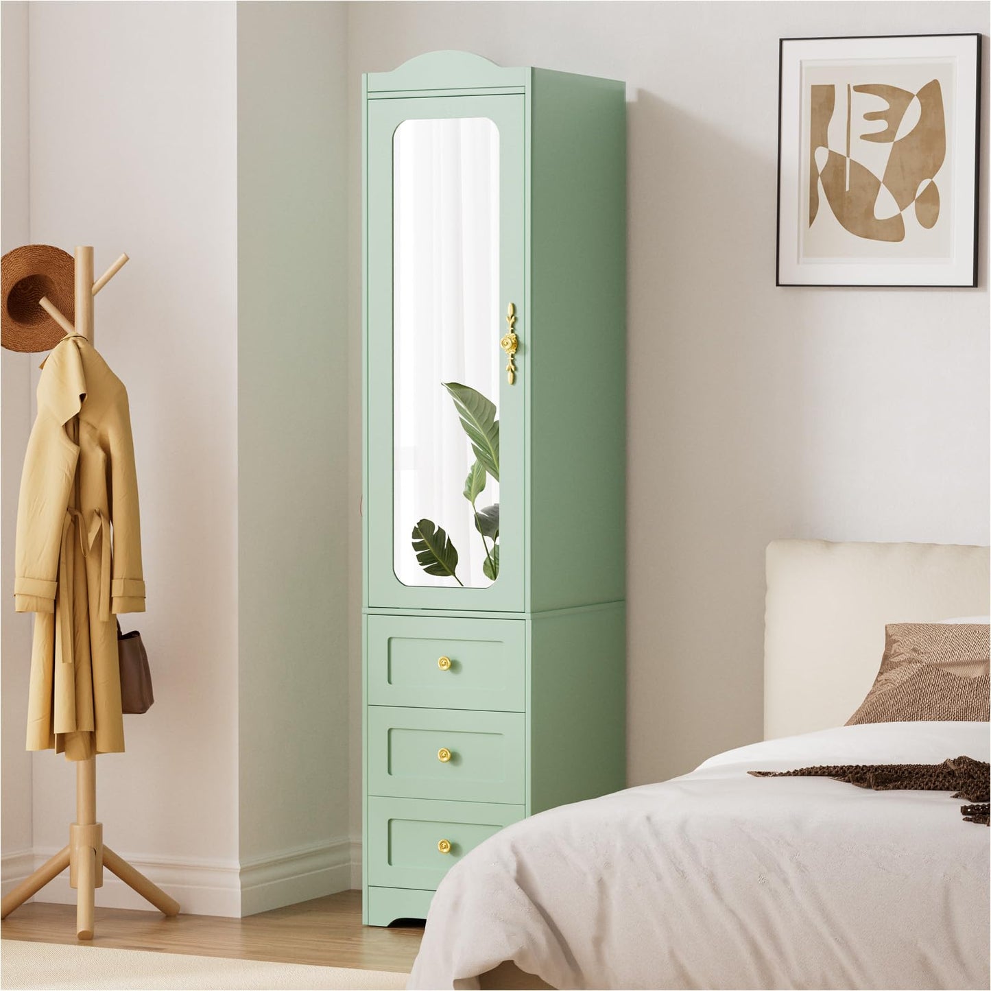 JanflyHome Armoire Wardrobe Closet, 69.5" H Wood Bedroom Armoires Cabinet with Mirror Door and 3 Drawers, Green Clothing Storage Cabinet with Hanging Rod & Sensor Light for Bedroom-Left