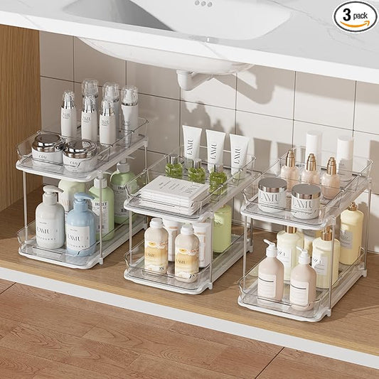 Delamu 3 Pack 2-Tier Bathroom Under Sink Organizers and Storage, Multi-Purpose Stackable Pantry Organization and Storage, Pull Out Clear Kitchen Bathroom Cabinet Organizer with Movable Dividers, White