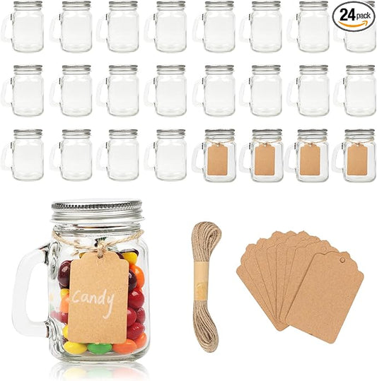 4 oz Small Mason Jar Mugs with Handle, 24 Pack Mini Glass Jars with Airtight Metal Lids, Empty Glass Mugs with Kraft Paper Gift Tag for Party Wedding Favor