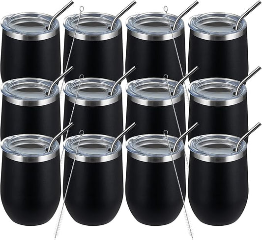 MEWAY 12oz/12 Pack Wine Tumbler Glasses with Lid -Double Wall Vacuum Stainless Steel Travel Tumbler Mug,Stemless Insulated Wine Cup for,Coffee,Cocktails,Gifts (Black,Set of 12)