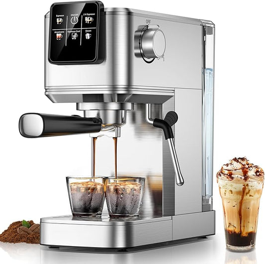 Espresso Machine 20 Bar with Touch Screen, Hot & Iced Coffee Makers, Stainless Steel Espresso Maker with Rapid Cold Brew & Milk Frother Steam Wand, with Water Tank for Latte, Cappuccino, Gift