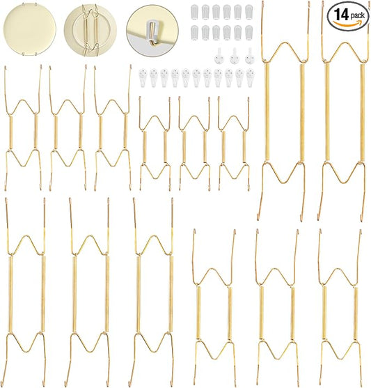 Bilillo 14 Pieces Plate Hangers for Wall - 6/8/10/12/14 Inch Invisible Plates Hanger, Stainless Steel Plate Holders with 14 Pieces Wall Hooks for 5.5 to 16 Inch Decorative Plates and Arts