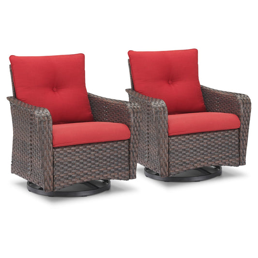 Rilyson Outdoor Patio Swivel Rocker Chairs - 2 PC Wicker Rattan Patio Rocker Glider Chair Set with High Back,Comfy Cushions and Deep Seating for Porch Deck Backyard Garden(Brown/Red)