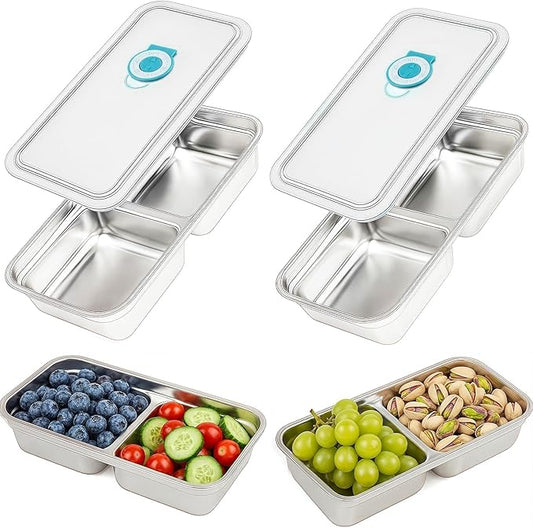 2Pcs 304 Stainless Steel Snack Containers, 2 Compartments Portable Food Storage Bento Boxes with Lids, Divided Meal Prep Lunch Box Food Container Dishwasher Safe