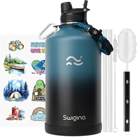 Swigina [2-IN-1 LID] Gallon Insulated Water Bottle with Silicone Boot (48hrs Cold/24hrs Hot) - DIY Stickers, Leakproof, BPA Free, 128 oz