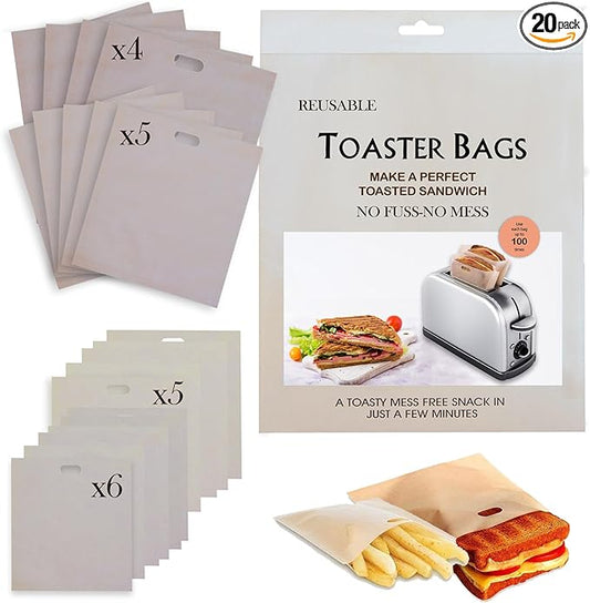 20 Pack Toaster Bags, Reusable Non-Stick Oven Bags for Grilled Cheese Sandwiches, Chicken, Nuggets, Panini and more (4 Sizes)