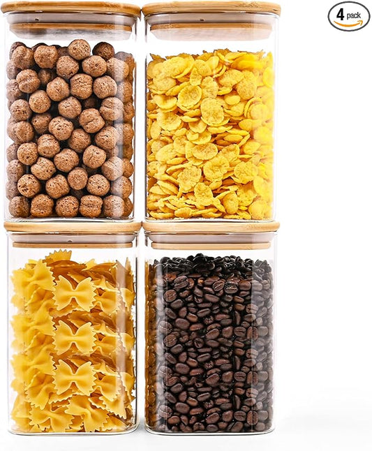 SHOWIN Glass Food Storage Jars Square 37oz, 4 Pack Glass Jars With Bamboo Lids, Kitchen Storage Containers For Spice, Candy, Cookie, Storage For Pantry Organizers