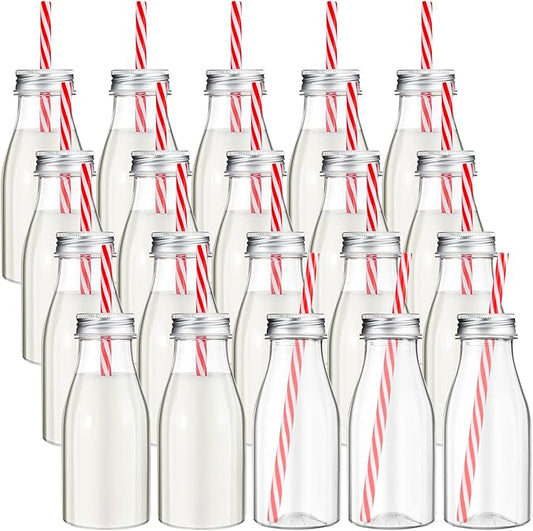 Yinkin 20 Set 10 oz Plastic Milk Bottles with Straws Metal Lids Clear Plastic Containers for Dairy Milk Party Bottle for Juices Shakes Smoothies(Red, White)