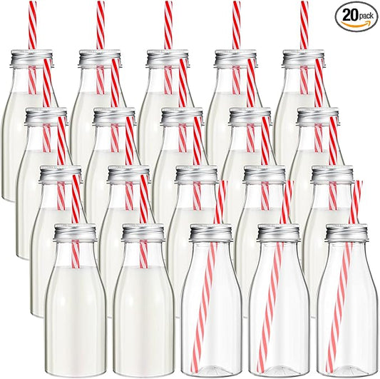 Yinkin 20 Sets Plastic Milk Bottles with Straws Lids Clear Plastic Containers for Dairy Milk Party Bottle for Juices Shakes Smoothies (8 oz,Red,White)