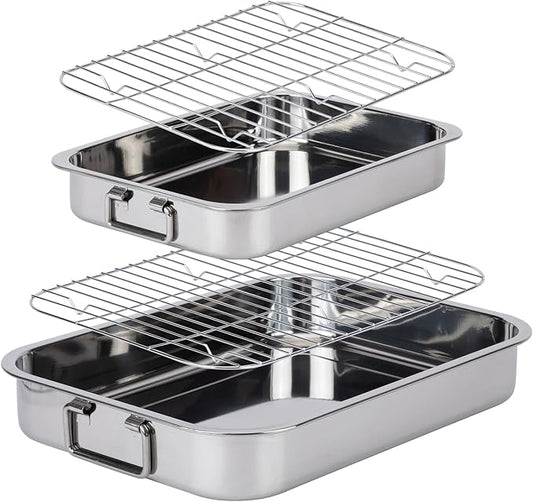 2 Pcs 13"15.4" Stainless Steel Roasting Pans with Handles, Baking Pan for Oven Includes 2 Flat Racks, Dishwasher Safe Rectangular Lasagna Pan for Turkey, Chicken and Roasting, Silver