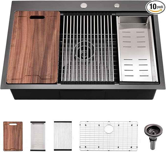 28 Inch Black Drop In Kitchen Sink Workstation - VOKIM 28x22-Inch Drop In sink 16 Gauge Stainless Steel 10'' Deep Single Bowl Handmade Kitchen Sink with Cutting Board & Strainer