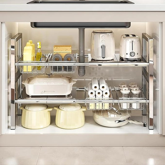 Large Under Sink Organizer 2 Tier Expandable Heavy Stainless Steel Shelf Adjustable Height for Under Kitchen Bathroom Sink Organizers and Storage (Large Size: 4 Panels 4 Storage Baskets)