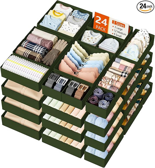 DIMJ Drawer Organizer Clothes, 24 Pack Dresser Organizer, Foldable Closet Organizers and Storage, Fabric Dresser Bins, Drawer Dividers for Nursery, Baby Clothes, Underwears, Sock