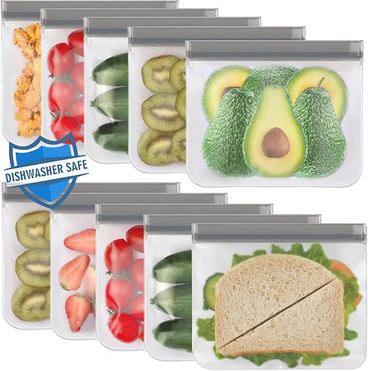 Lerine 10 Pack Reusable Sandwich Bags Dishwasher Safe, BPA Free Reusable Quart Bags, Extra Thick Leak-proof Freezer Bags for Marinate Meats, Cereal, Travel Items, Home Organization (Gray, 10 Sandwich)